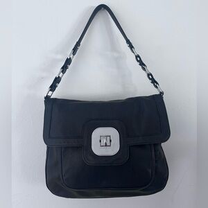 Longchamp Pebbled Leather Shoulder Bag Purse Black Lots of Pockets Silver